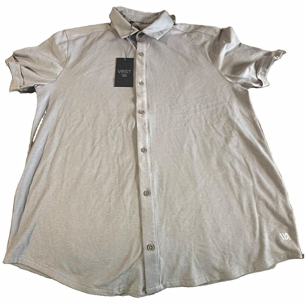 VRST Men's Golf Button-Front Shirt L Gray Heather Stretch Moisture Wicking Logo